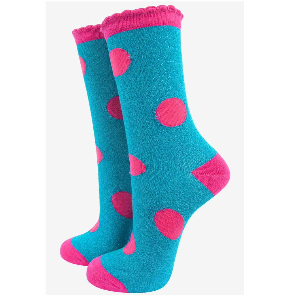 Turquoise/Pink Large Polka Dot Glitter Socks