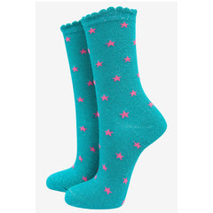 Aqua blue / Pink Star Glitter Socks